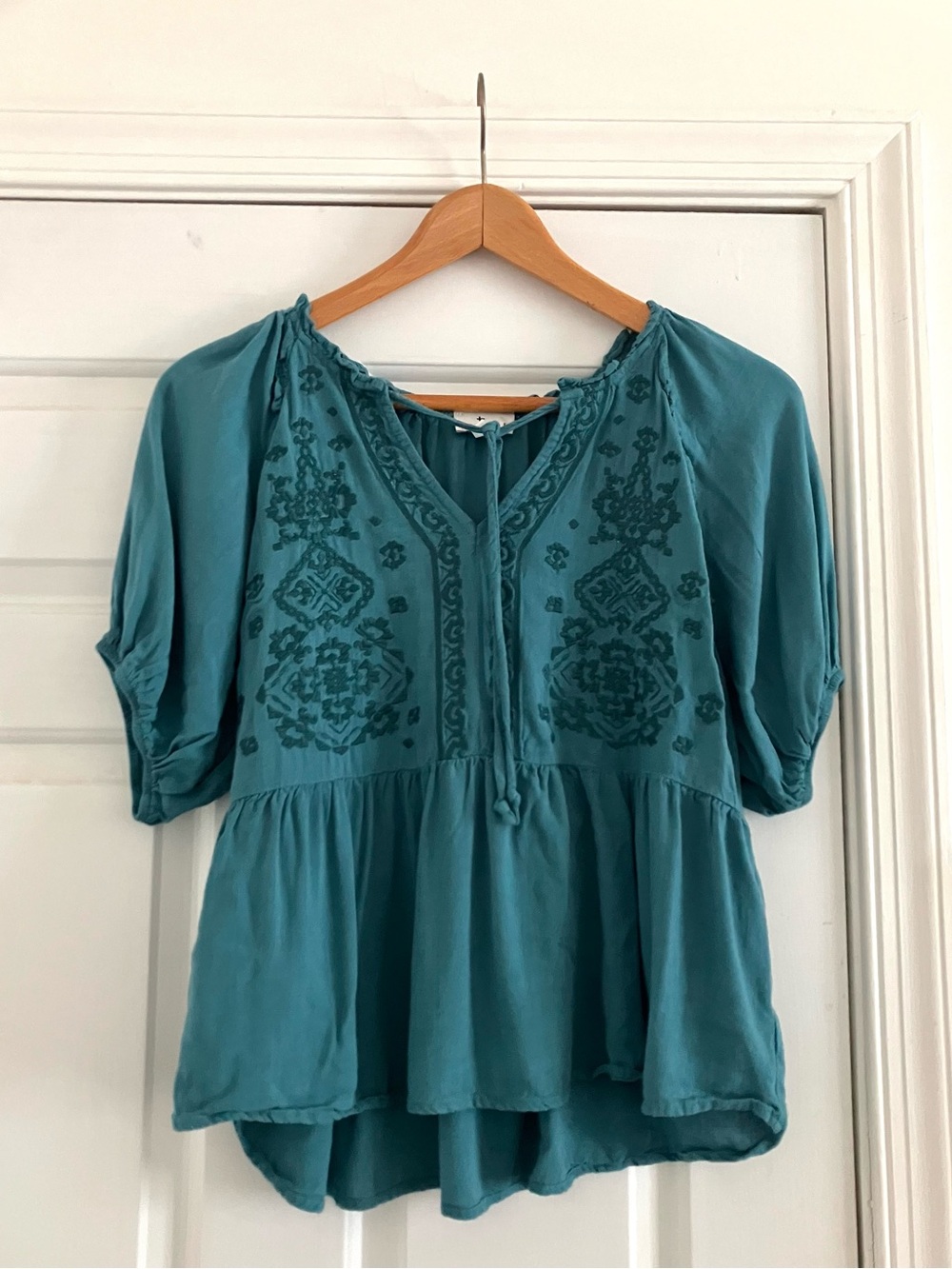 True Craft Teal Embroidered Peasant Top